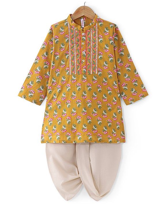 Babyhug Cotton Woven Full Sleeves Jaipur Print Dhoti Kurta Set Gota Lace - Mustard
