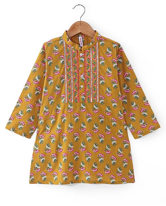 Babyhug Cotton Woven Full Sleeves Jaipur Print Dhoti Kurta Set Gota Lace - Mustard