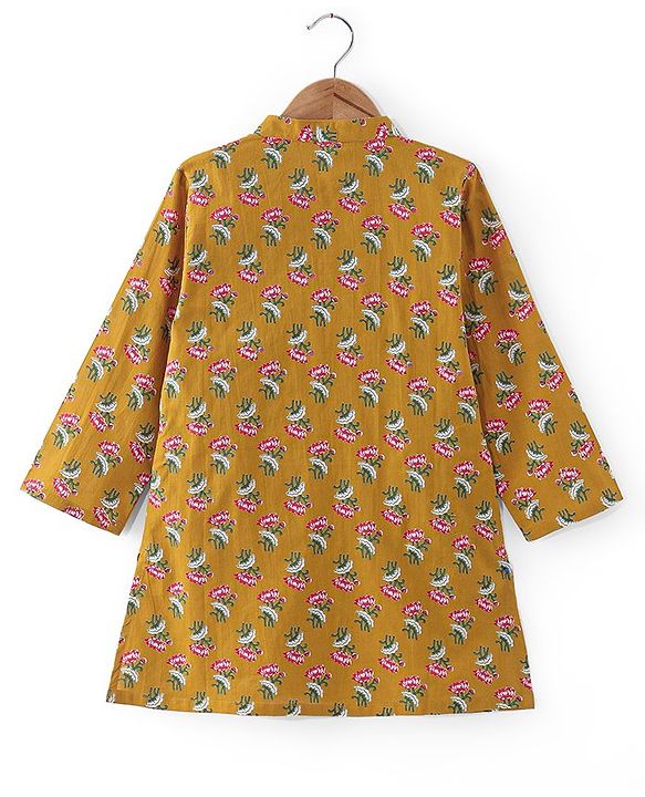 Babyhug Cotton Woven Full Sleeves Jaipur Print Dhoti Kurta Set Gota Lace - Mustard