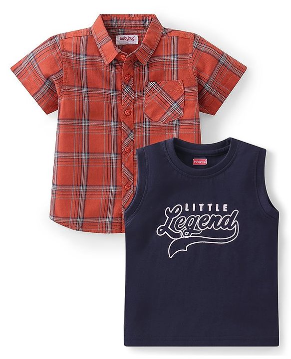 Babyhug Cotton Half Sleeve Twofer Check Shirt with T-Shirt - Brown & Navy