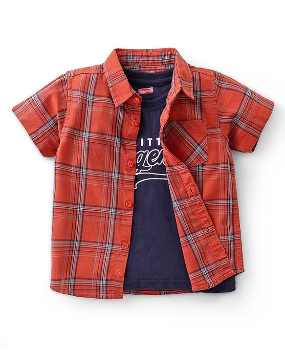 Babyhug Cotton Half Sleeve Twofer Check Shirt with T-Shirt - Brown & Navy