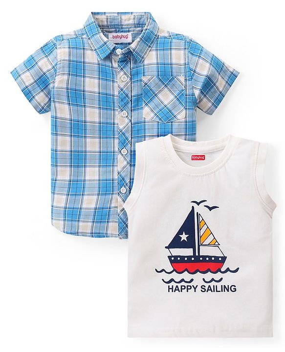 Babyhug Cotton Woven Half Sleeves Checked Shirt With Boat Print T-Shirt - Blue