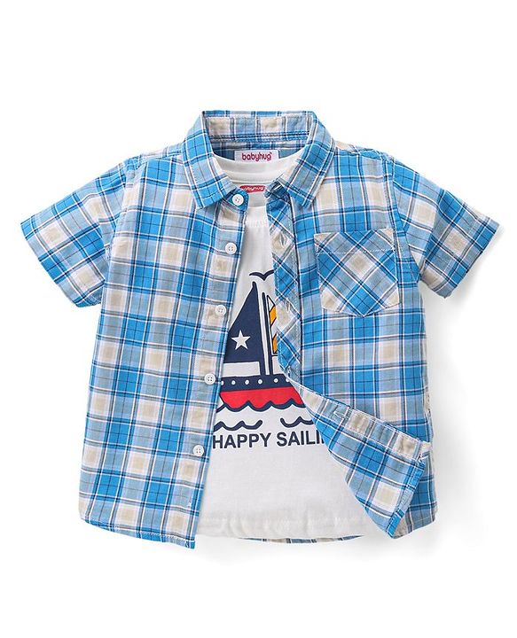 Babyhug Cotton Woven Half Sleeves Checked Shirt With Boat Print T-Shirt - Blue
