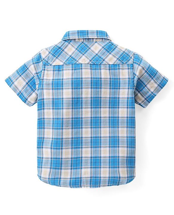Babyhug Cotton Woven Half Sleeves Checked Shirt With Boat Print T-Shirt - Blue