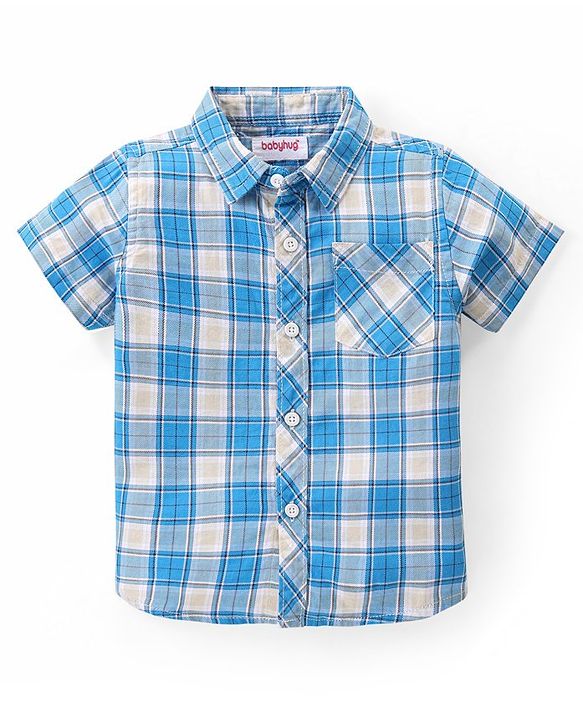 Babyhug Cotton Woven Half Sleeves Checked Shirt With Boat Print T-Shirt - Blue