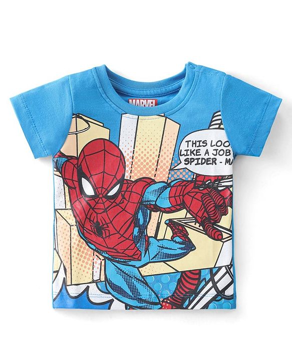 Babyhug Marvel Cotton Knit Half Sleeve T-Shirt With Front and Back Spiderman Graphics All Over Print -Blue