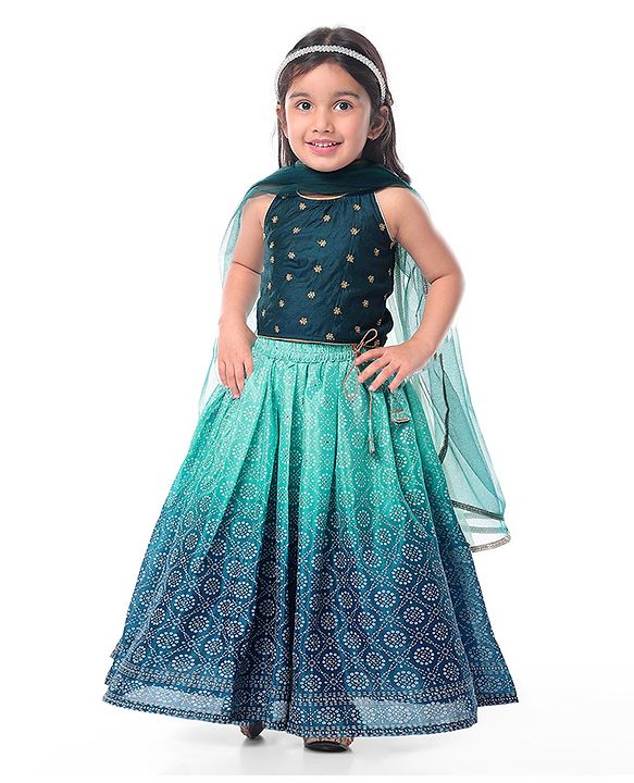 Babyhug Woven Sleeveless Floral Embroidered Halter Neck Choli with Lehenga and Net Dupatta Set - Teal Blue