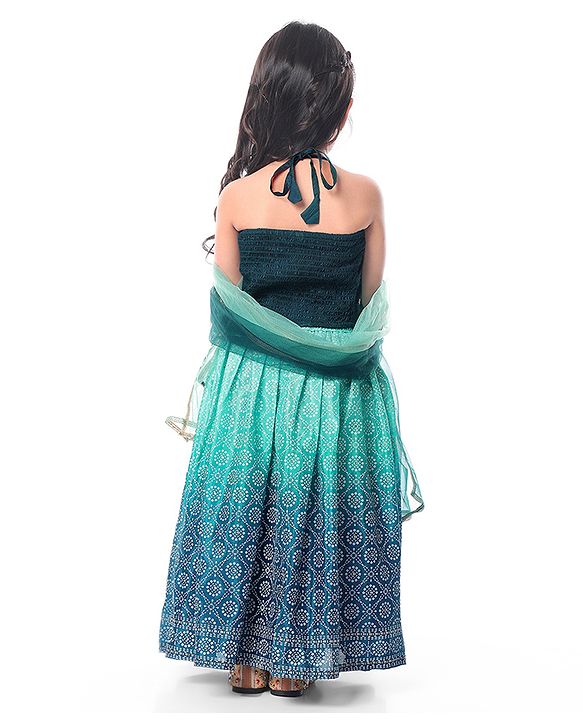 Babyhug Woven Sleeveless Floral Embroidered Halter Neck Choli with Lehenga and Net Dupatta Set - Teal Blue