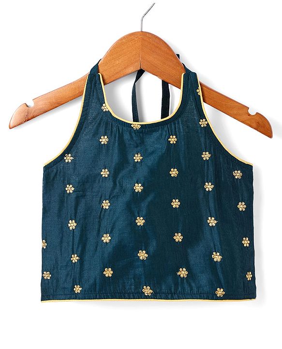 Babyhug Woven Sleeveless Floral Embroidered Halter Neck Choli with Lehenga and Net Dupatta Set - Teal Blue