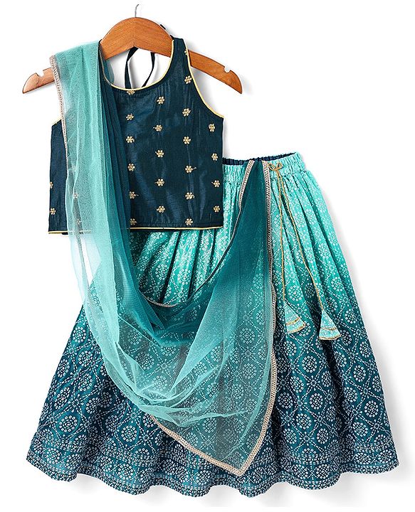Babyhug Woven Sleeveless Floral Embroidered Halter Neck Choli with Lehenga and Net Dupatta Set - Teal Blue