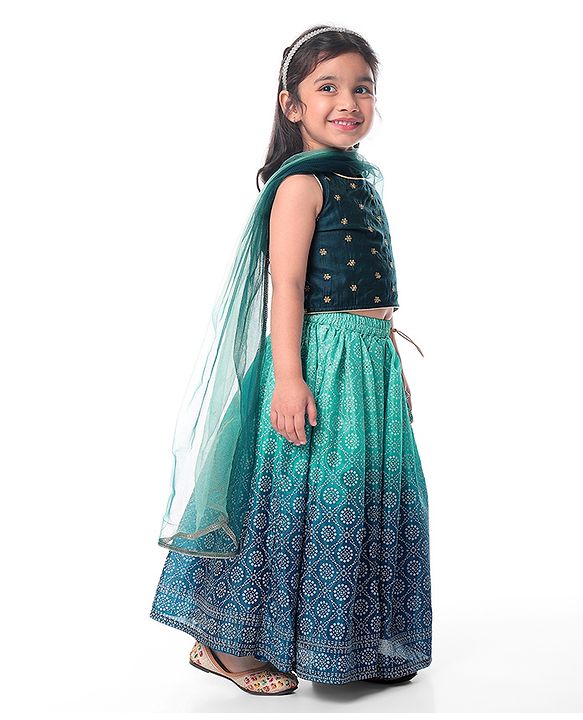 Babyhug Woven Sleeveless Floral Embroidered Halter Neck Choli with Lehenga and Net Dupatta Set - Teal Blue