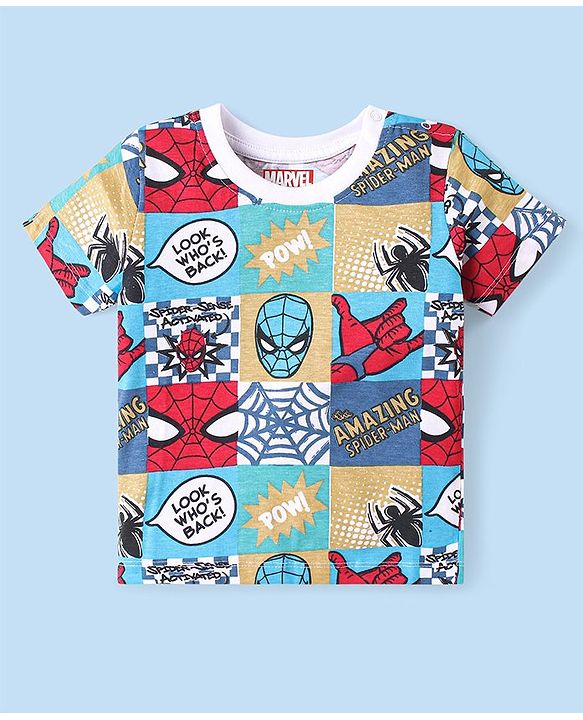 Babyhug Marvel Cotton Knit  Half Sleeve T-Shirt with Spiderman Print - Multicolour