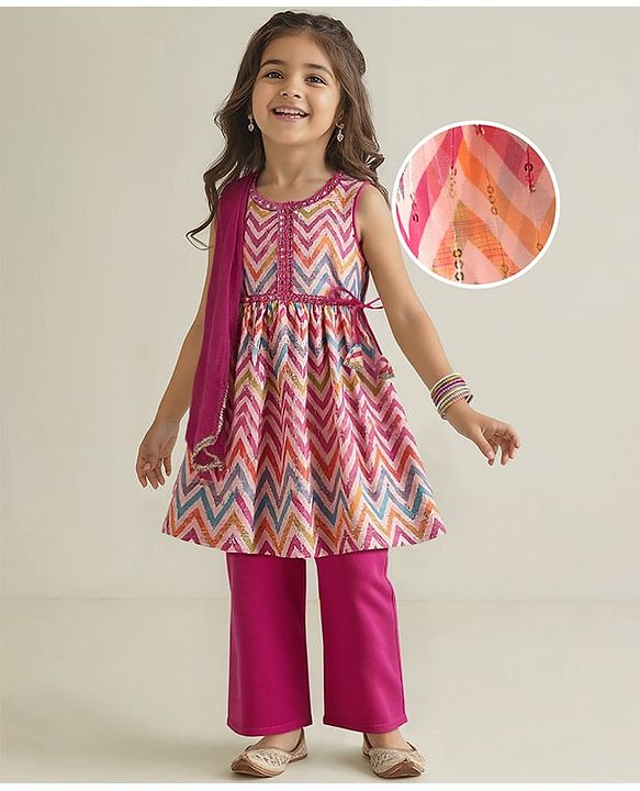 Babyhug Woven Sleeveless Dhari Printed Kurti Palazzo Set With Sequin Detailing & Dupatta - Dark Pink