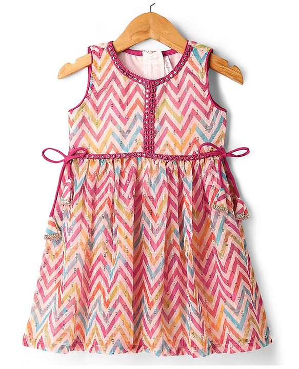 Babyhug Woven Sleeveless Dhari Printed Kurti Palazzo Set With Sequin Detailing & Dupatta - Dark Pink