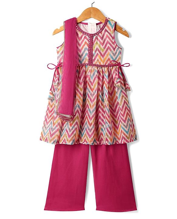 Babyhug Woven Sleeveless Dhari Printed Kurti Palazzo Set With Sequin Detailing & Dupatta - Dark Pink