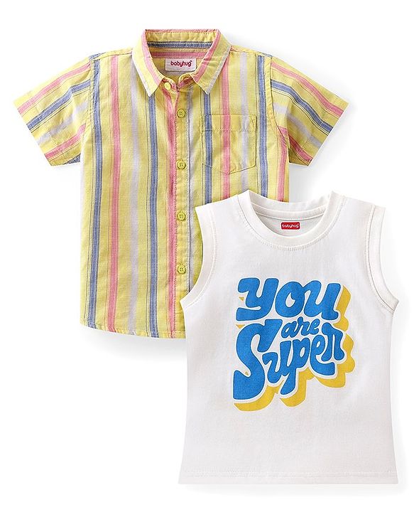 Babyhug Cotton Half Sleeve Twofer Striped Shirt with Printed T-Shirt - Yellow & White
