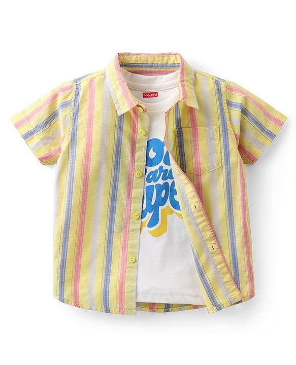 Babyhug Cotton Half Sleeve Twofer Striped Shirt with Printed T-Shirt - Yellow & White