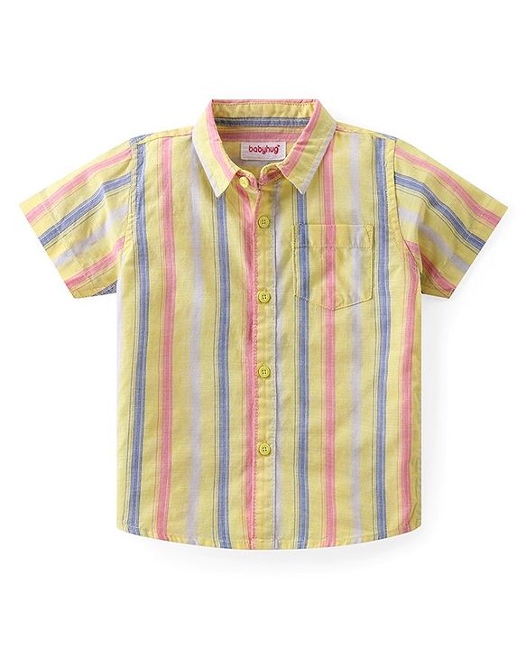 Babyhug Cotton Half Sleeve Twofer Striped Shirt with Printed T-Shirt - Yellow & White