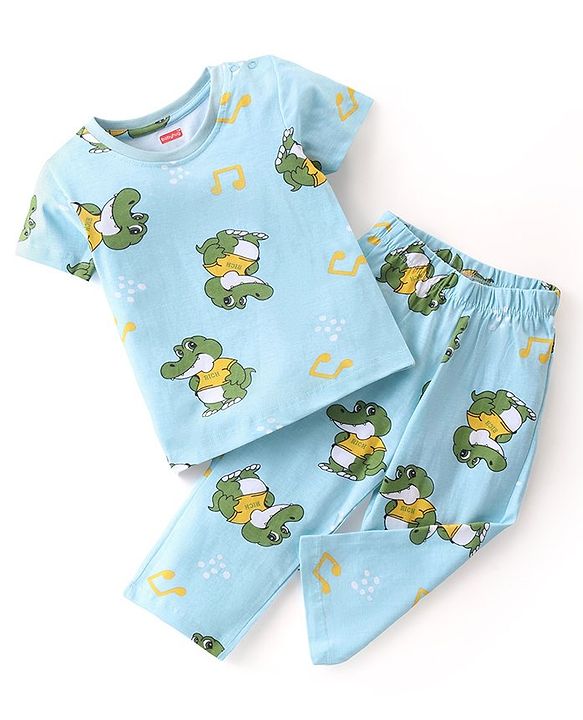 Babyhug Single Jersey Half Sleeves Night Suit Croc Print - Light Blue