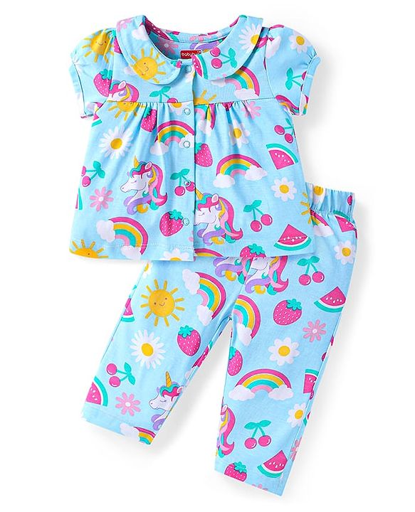 Babyhug Cotton Knit Single Jersey Half Sleeves Peter Pan Collared Night Suit With Unicorn Print - Light Blue
