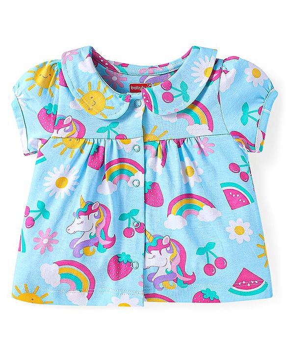 Babyhug Cotton Knit Single Jersey Half Sleeves Peter Pan Collared Night Suit With Unicorn Print - Light Blue