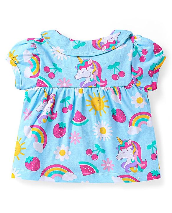 Babyhug Cotton Knit Single Jersey Half Sleeves Peter Pan Collared Night Suit With Unicorn Print - Light Blue