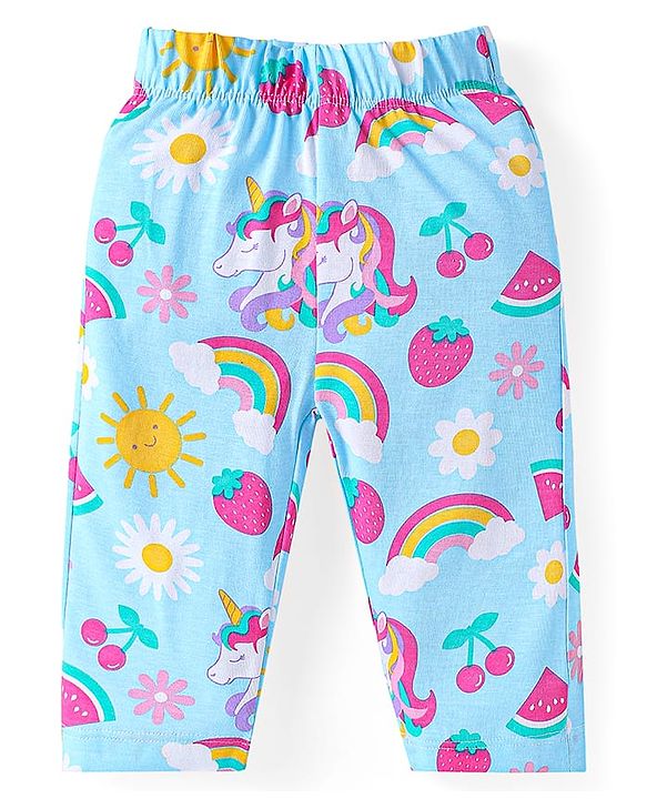 Babyhug Cotton Knit Single Jersey Half Sleeves Peter Pan Collared Night Suit With Unicorn Print - Light Blue
