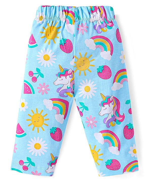 Babyhug Cotton Knit Single Jersey Half Sleeves Peter Pan Collared Night Suit With Unicorn Print - Light Blue