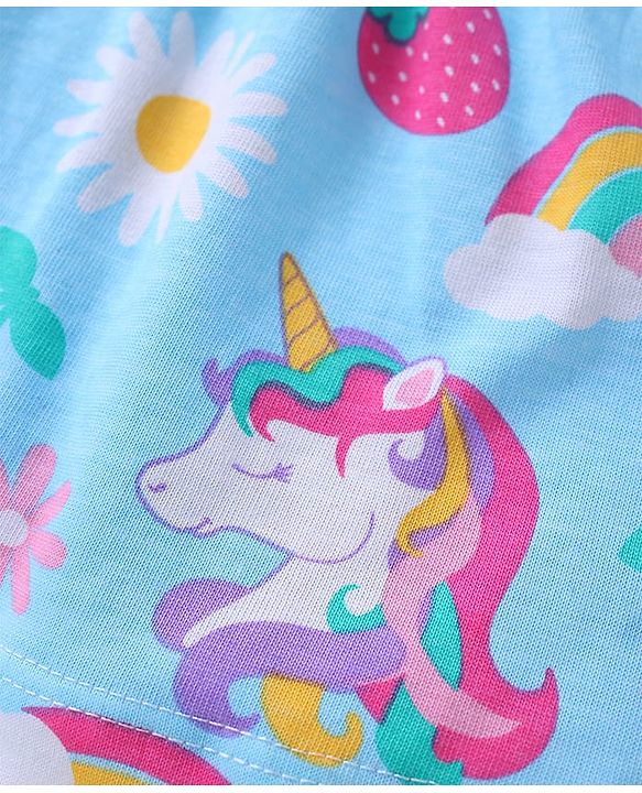 Babyhug Cotton Knit Single Jersey Half Sleeves Peter Pan Collared Night Suit With Unicorn Print - Light Blue