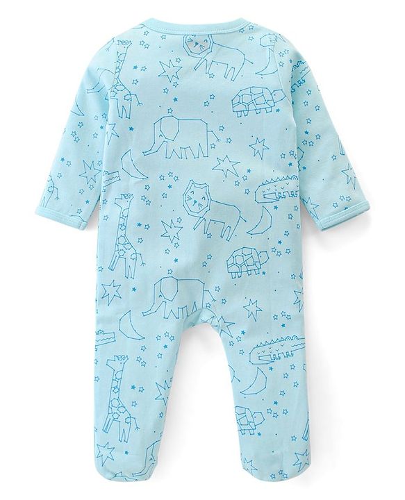 Babyhug Interlock Cotton Knit Full Sleeves Lion Printed Sleep Suit - Blue