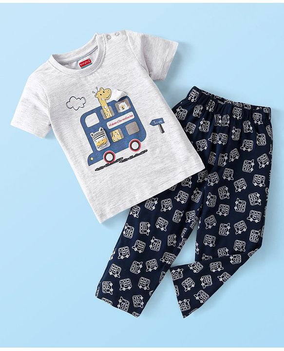 Babyhug Single Jersey Knit Half Sleeves Night Suit Bus & Animal Print - Navy Blue & Grey