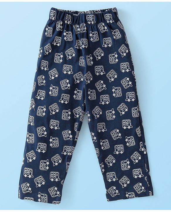 Babyhug Single Jersey Knit Half Sleeves Night Suit Bus & Animal Print - Navy Blue & Grey