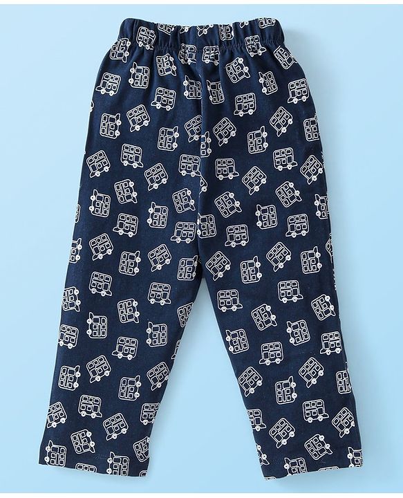 Babyhug Single Jersey Knit Half Sleeves Night Suit Bus & Animal Print - Navy Blue & Grey