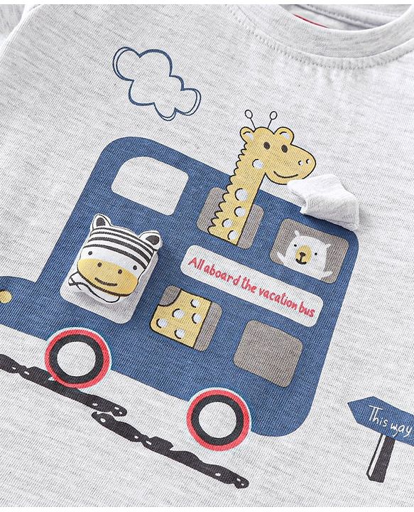 Babyhug Single Jersey Knit Half Sleeves Night Suit Bus & Animal Print - Navy Blue & Grey
