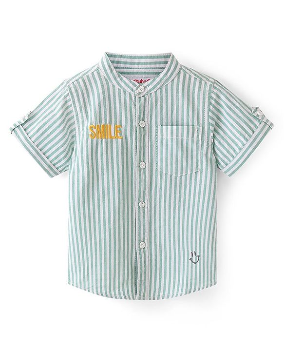 Babyhug Cotton Woven Half Sleeves Shirt Stripes & Text Embroidery - Green