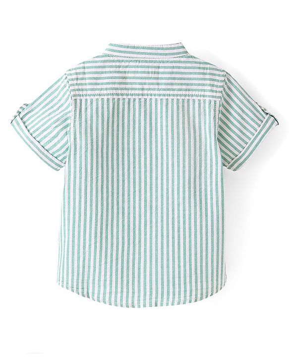 Babyhug Cotton Woven Half Sleeves Shirt Stripes & Text Embroidery - Green