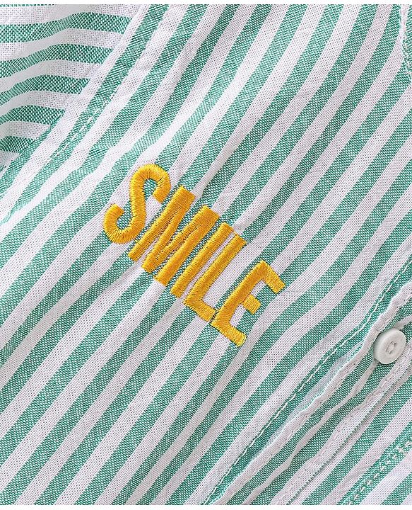 Babyhug Cotton Woven Half Sleeves Shirt Stripes & Text Embroidery - Green