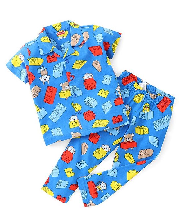 Babyhug Cotton Half Sleeve Knit Front Open Night Suit Lego Block Print - Blue