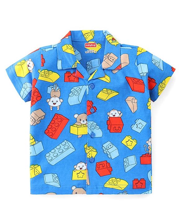 Babyhug Cotton Half Sleeve Knit Front Open Night Suit Lego Block Print - Blue