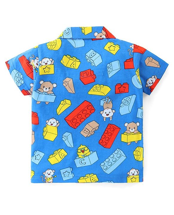 Babyhug Cotton Half Sleeve Knit Front Open Night Suit Lego Block Print - Blue