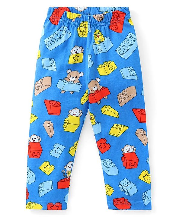 Babyhug Cotton Half Sleeve Knit Front Open Night Suit Lego Block Print - Blue