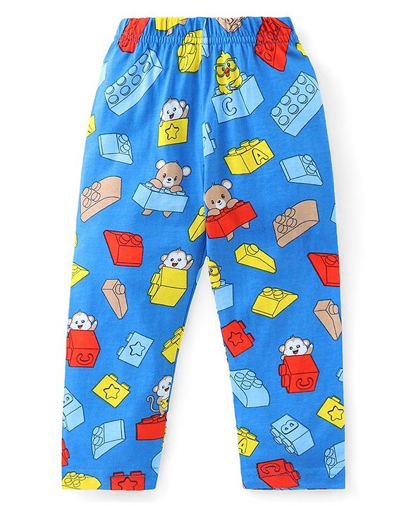 Babyhug Cotton Half Sleeve Knit Front Open Night Suit Lego Block Print - Blue
