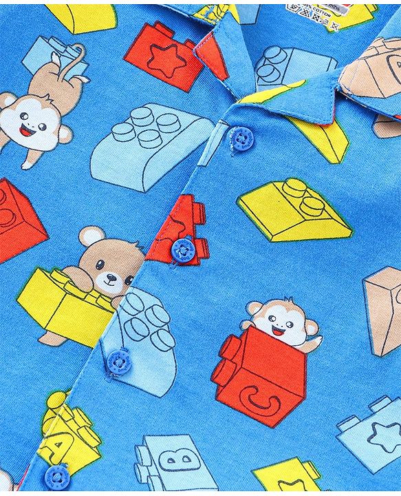 Babyhug Cotton Half Sleeve Knit Front Open Night Suit Lego Block Print - Blue