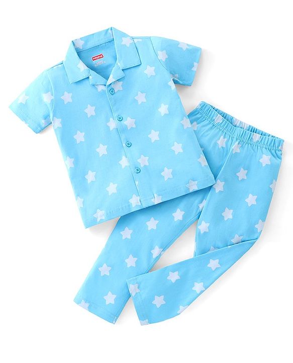 Babyhug Cotton Knit Half Sleeve Front Open Night Suit Stars Print - Light Blue