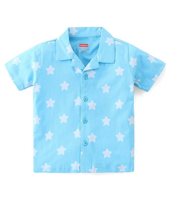 Babyhug Cotton Knit Half Sleeve Front Open Night Suit Stars Print - Light Blue