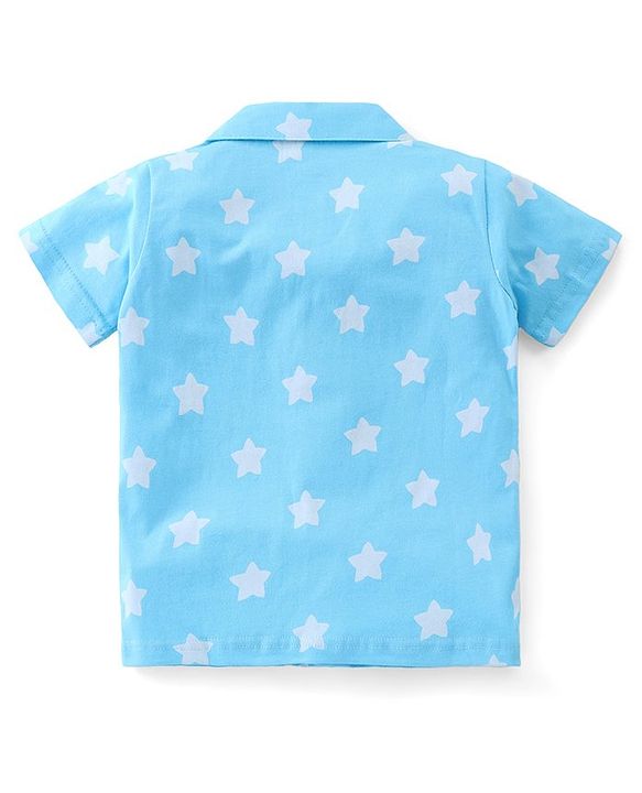 Babyhug Cotton Knit Half Sleeve Front Open Night Suit Stars Print - Light Blue