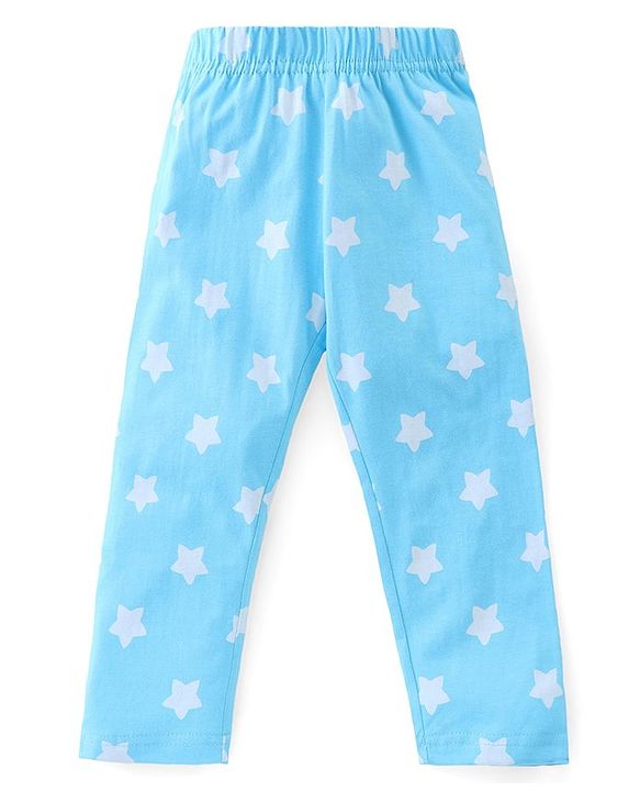 Babyhug Cotton Knit Half Sleeve Front Open Night Suit Stars Print - Light Blue