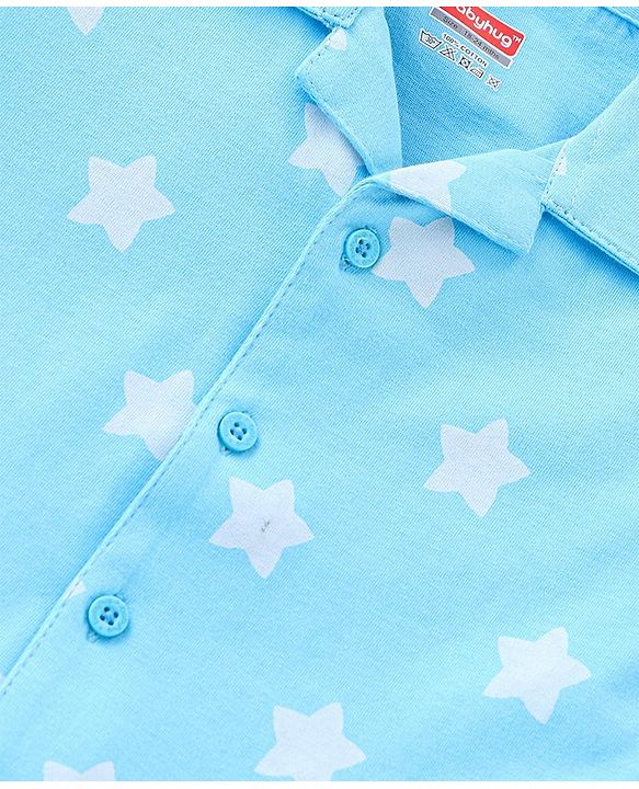 Babyhug Cotton Knit Half Sleeve Front Open Night Suit Stars Print - Light Blue