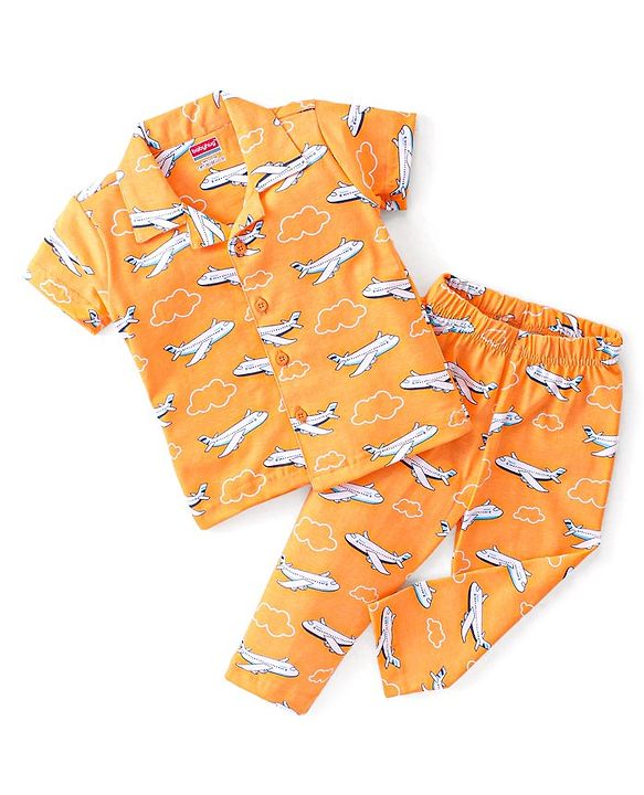 Babyhug Cotton Knit Single Jersey Half Sleeves Night Suit With Aircraft Print - Orange