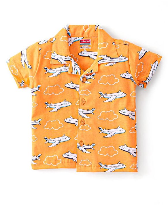Babyhug Cotton Knit Single Jersey Half Sleeves Night Suit With Aircraft Print - Orange